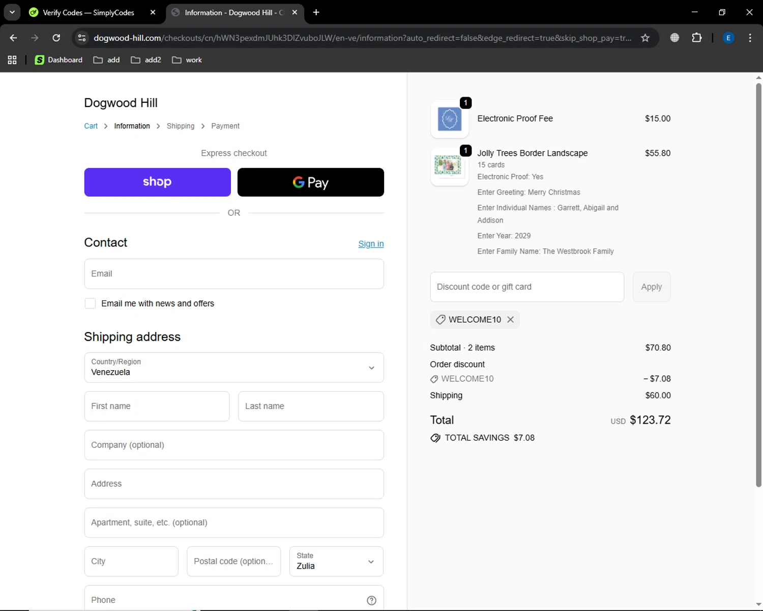 Dogwood Hill promo code screenshot showing code WELCOME10 applied at Dogwood Hill checkout page. Uploaded by SimplyCodes community member MoneyGenius452 on Oct 7, 2025