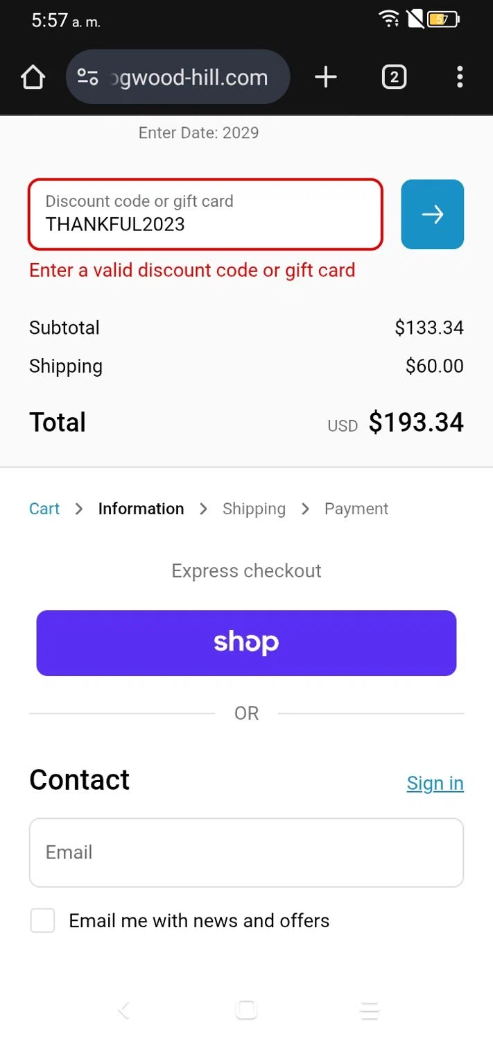 Dogwood Hill promo code screenshot showing code THANKFUL2023 applied at Dogwood Hill checkout page. Uploaded by SimplyCodes community member RoyalSpotter5217 on Dec 1, 2025