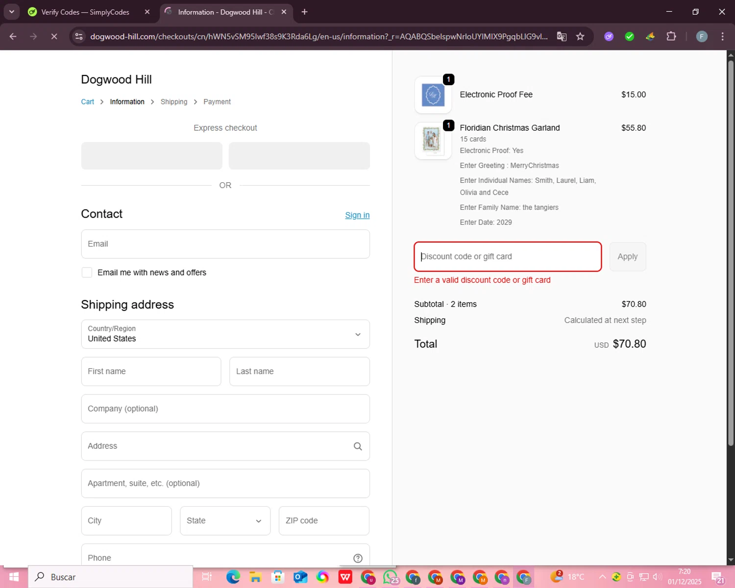 Dogwood Hill promo code screenshot showing code THANKFUL2023 applied at Dogwood Hill checkout page. Uploaded by SimplyCodes community member WiseSeeker9794 on Dec 1, 2025