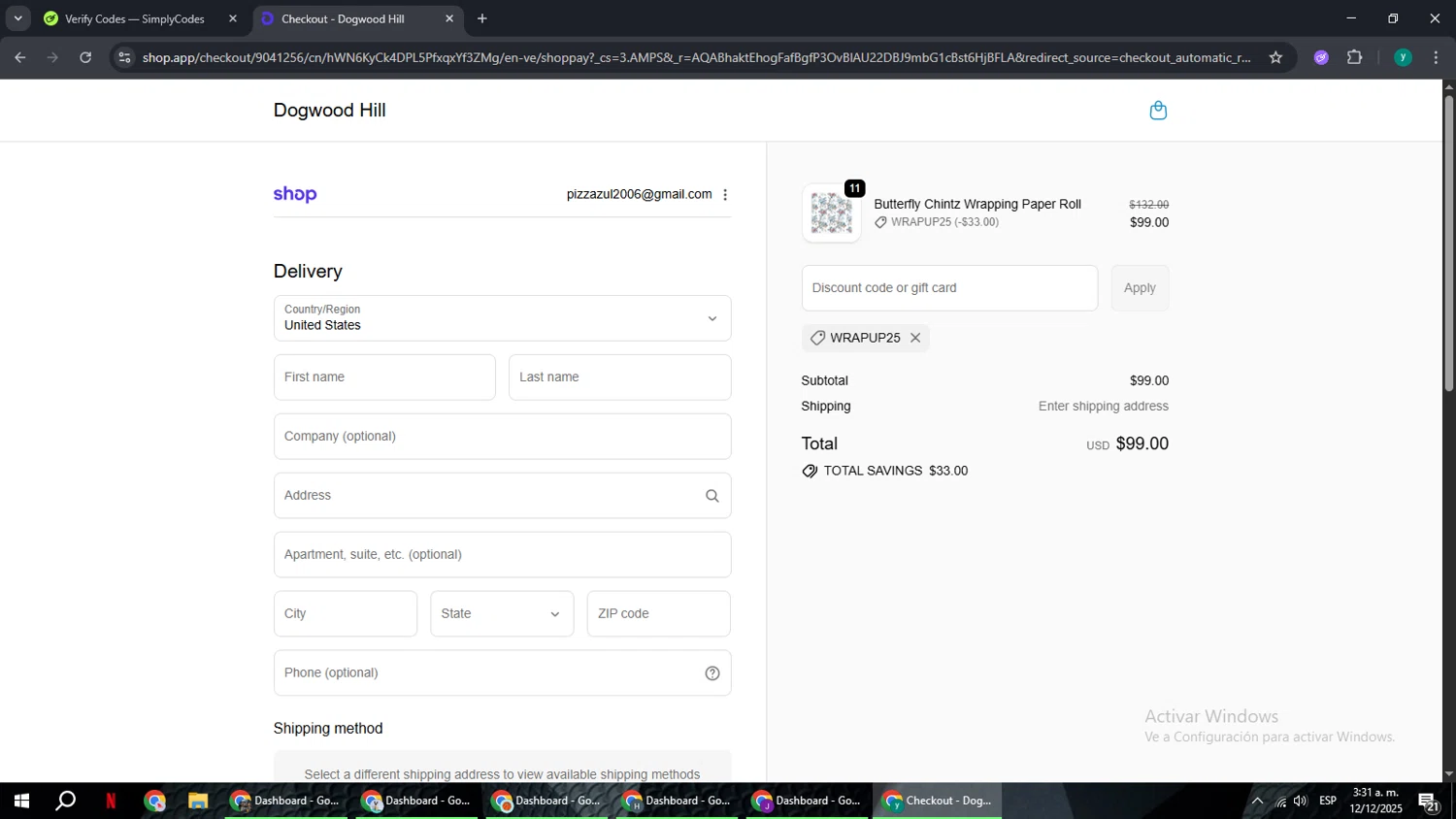 Dogwood Hill promo code screenshot showing code WrapUp25 applied at Dogwood Hill checkout page. Uploaded by SimplyCodes community member FrugalCaptain6906 on Dec 12, 2025