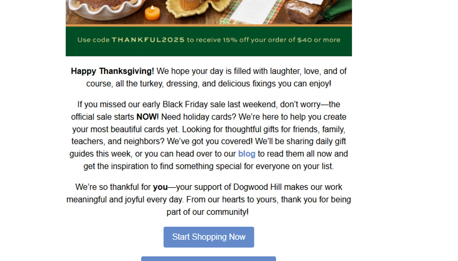 Dogwood Hill promo code screenshot showing code thankful2025 applied at Dogwood Hill checkout page. Uploaded by SimplyCodes community member juanjose on Nov 27, 2025