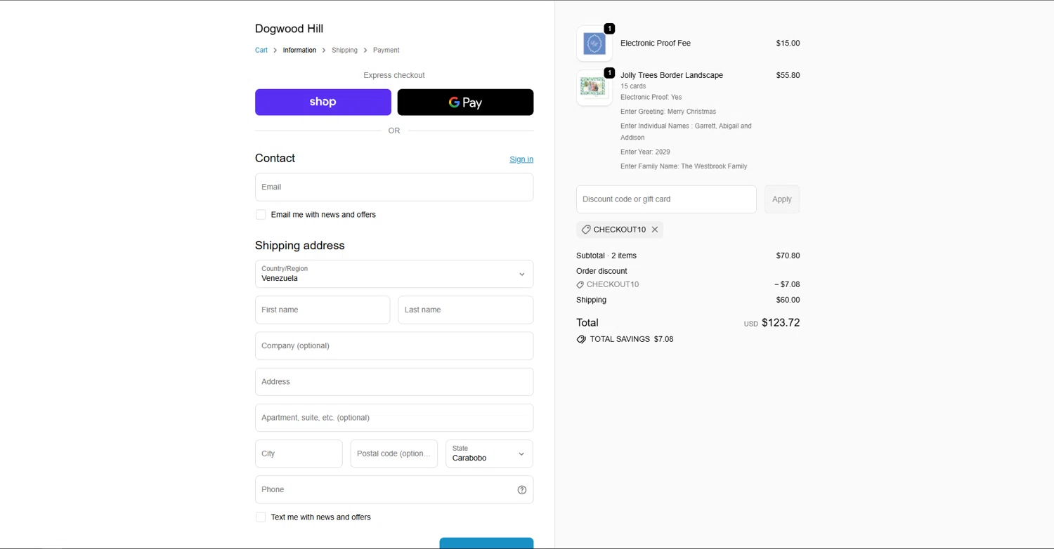 Dogwood Hill promo code screenshot showing code CHECKOUT10 applied at Dogwood Hill checkout page. Uploaded by SimplyCodes community member vctr7w7x on Oct 7, 2025