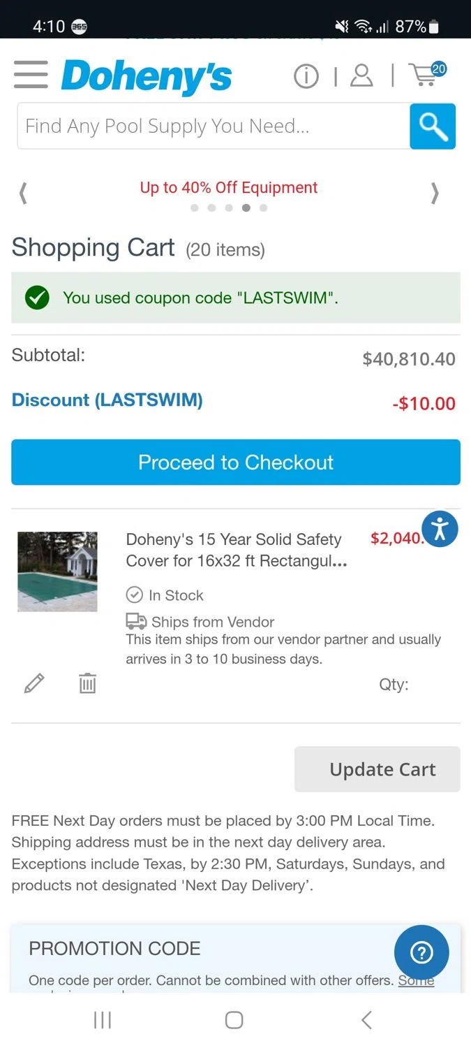 where to use Doheny's Water Warehouse promo code box