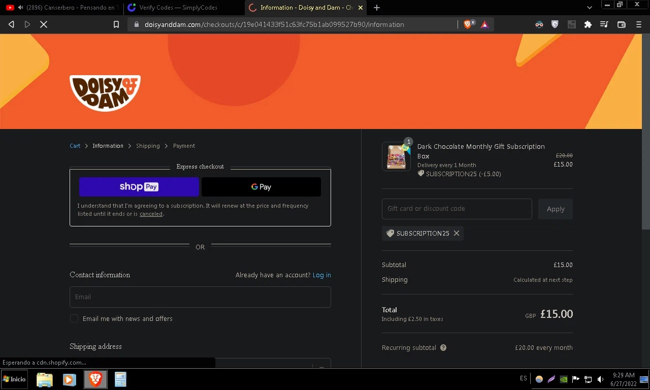 Doisy & Dam checkout page showing Doisy & Dam promo code box | Screenshot taken by SimplyCodes community member on Jun 27, 2022