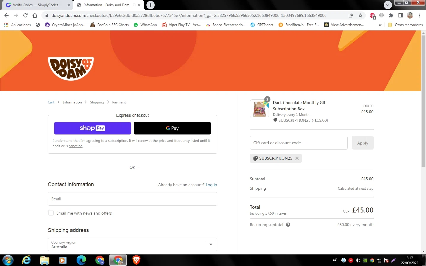 Doisy & Dam checkout page showing Doisy & Dam promo code box | Screenshot taken by SimplyCodes community member on Sep 22, 2022