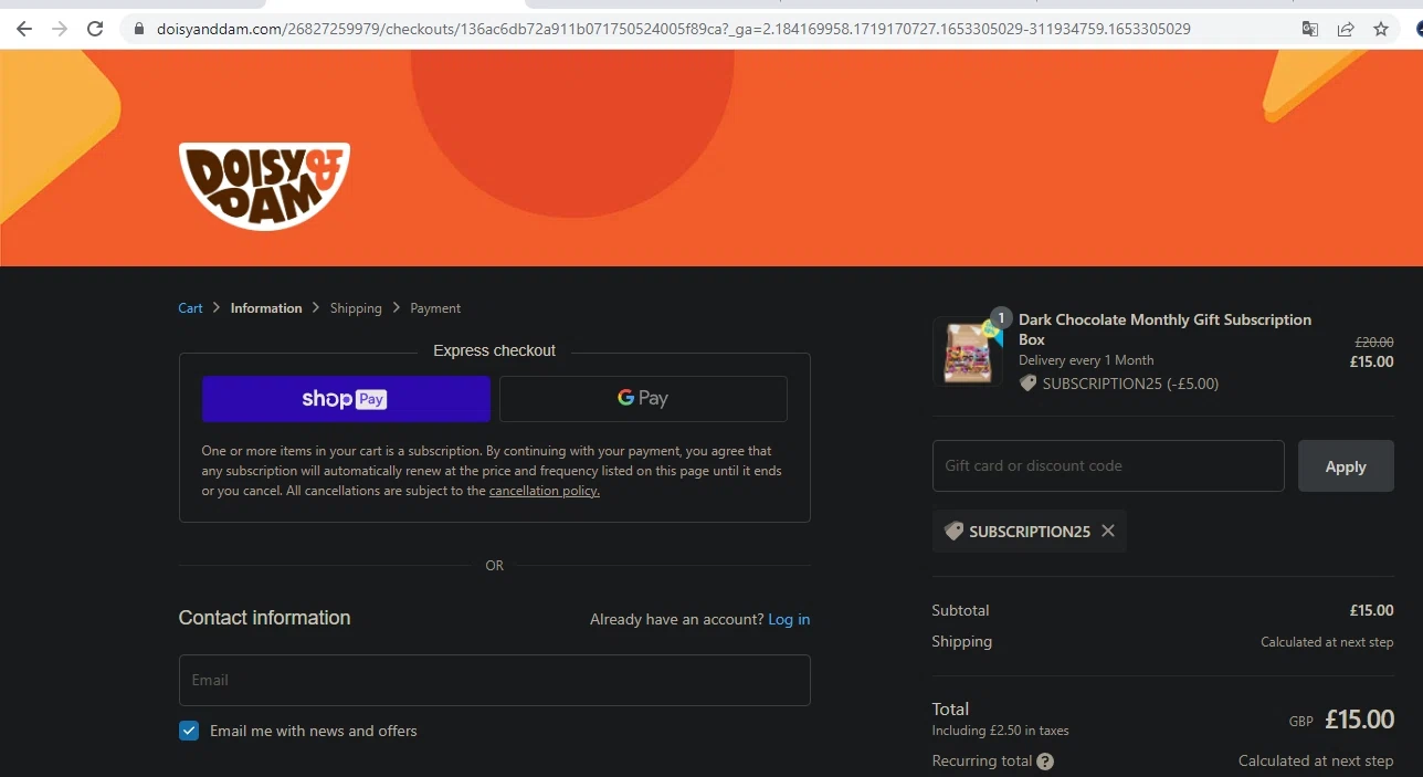 Doisy & Dam checkout page showing Doisy & Dam promo code box | Screenshot taken by SimplyCodes community member on May 23, 2022