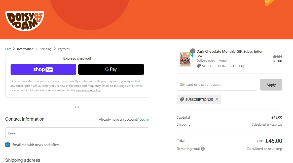 Doisy & Dam checkout page showing Doisy & Dam promo code box | Screenshot taken by SimplyCodes community member on Aug 24, 2022