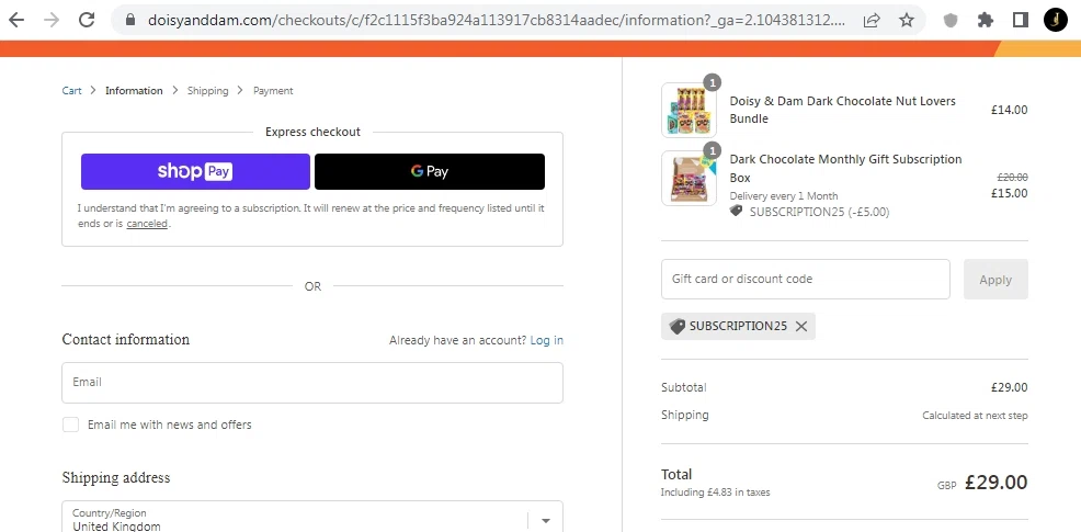 Doisy & Dam checkout page showing Doisy & Dam promo code box | Screenshot taken by SimplyCodes community member on May 23, 2022