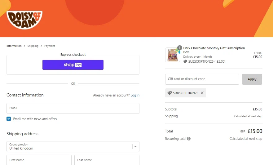Doisy & Dam checkout page showing Doisy & Dam promo code box | Screenshot taken by SimplyCodes community member on Feb 13, 2022