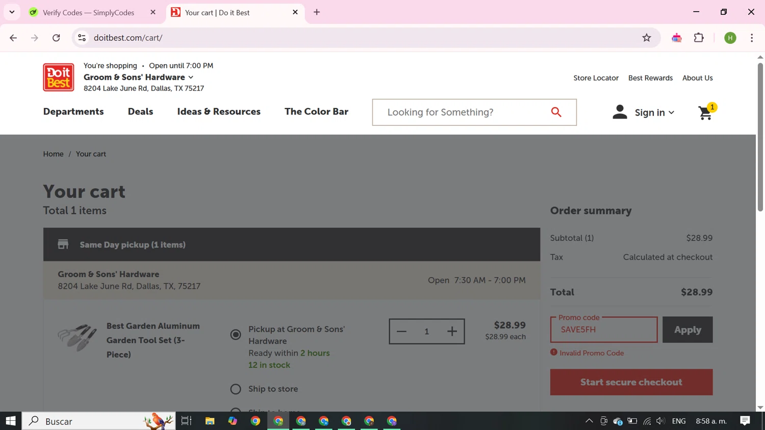 Do it best promo code screenshot showing code SAVE5FH applied at Do it best checkout page. Uploaded by SimplyCodes community member BudgetFalcon2689 on Apr 17, 2025