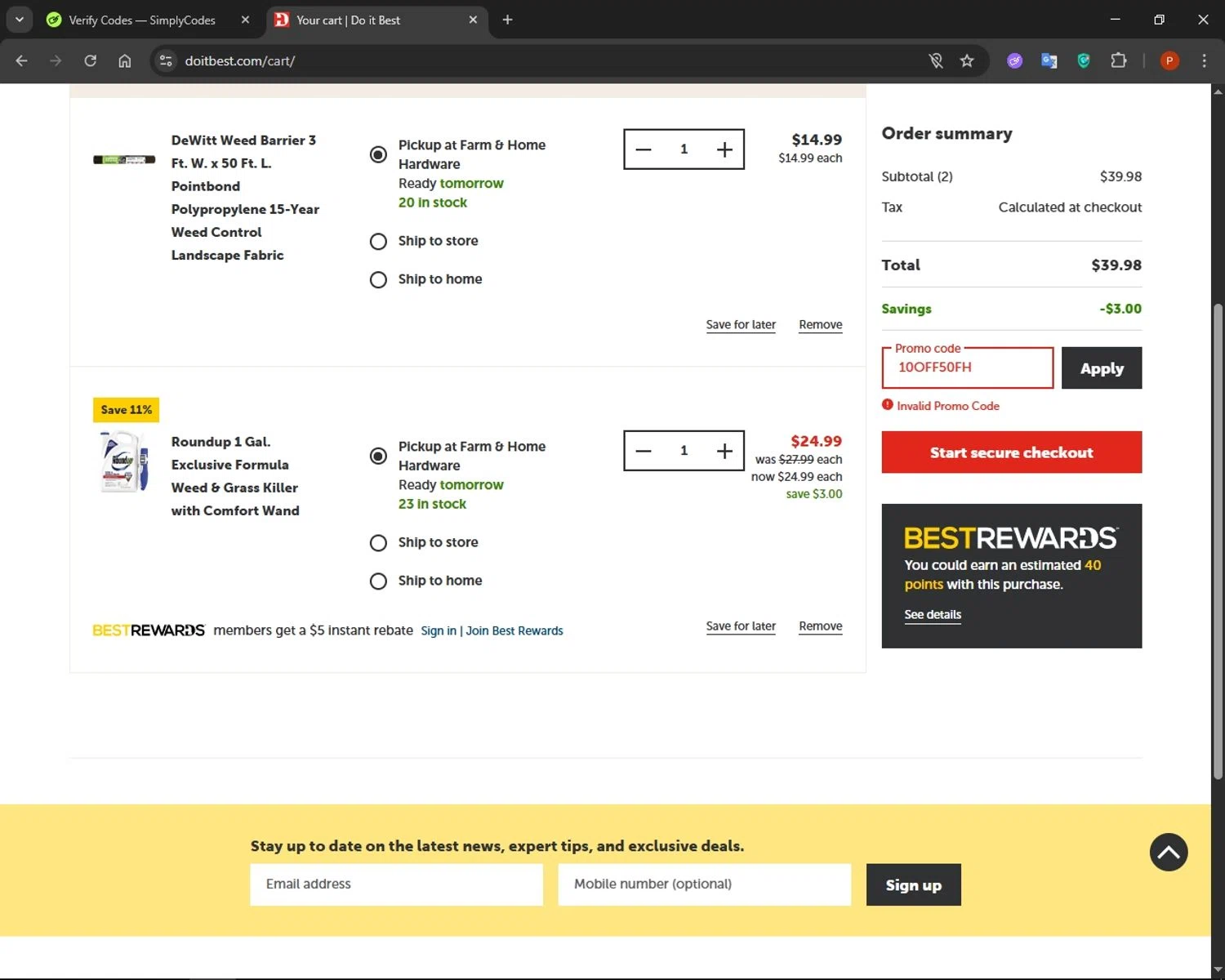 Do it best promo code screenshot showing code 10OFF50FH applied at Do it best checkout page. Uploaded by SimplyCodes community member AuronPlay on May 26, 2025