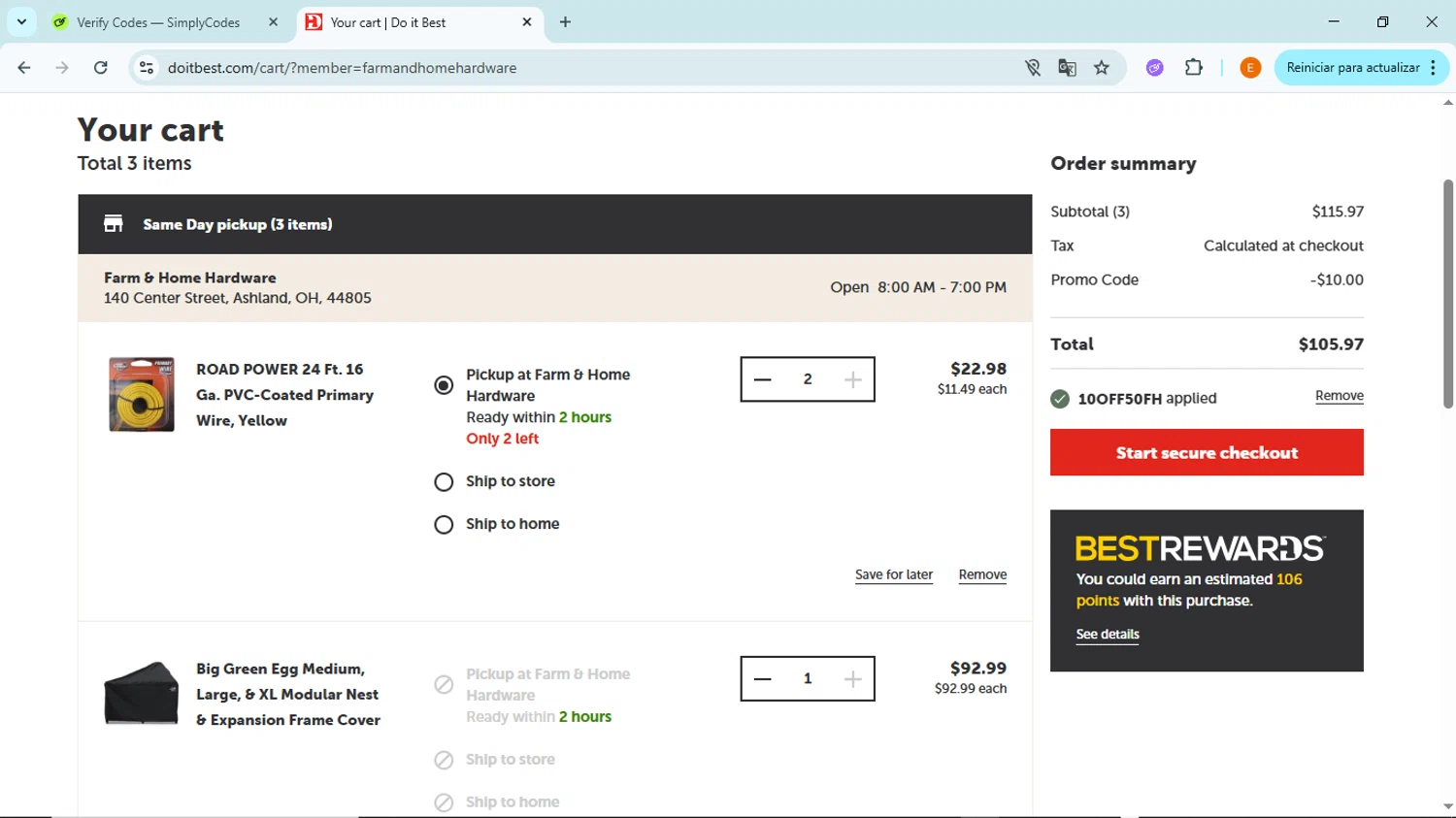 Do it best promo code screenshot showing code 10OFF50FH applied at Do it best checkout page. Uploaded by SimplyCodes community member BudgetFox5491 on May 13, 2025