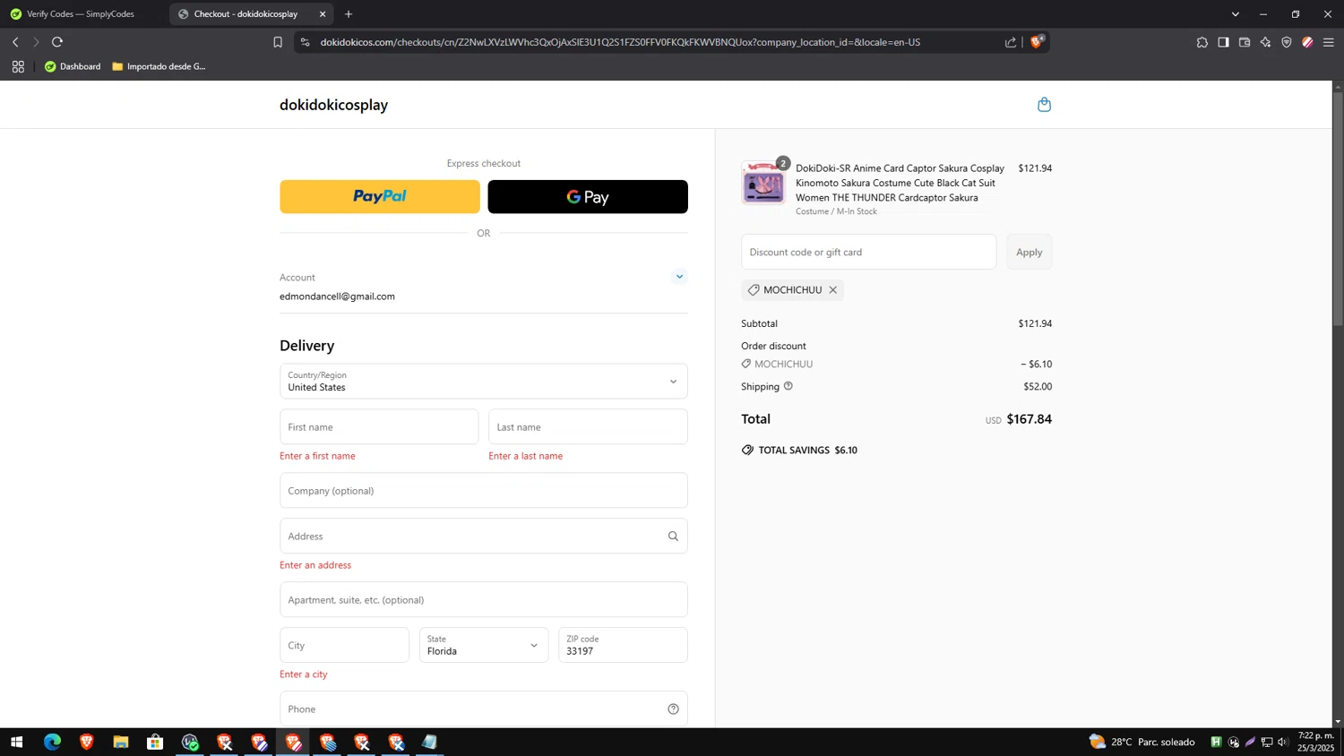 DokiDoki Cosplay discount code screenshot showing code MOCHICHUU applied at DokiDoki Cosplay checkout page. Uploaded by SimplyCodes community member CleverTracker4432 on Mar 25, 2025