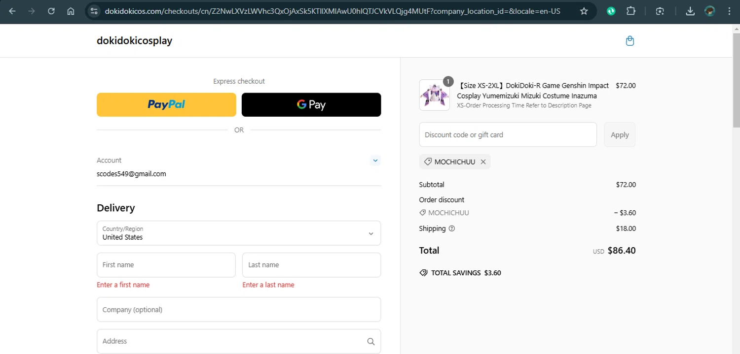 DokiDoki Cosplay discount code screenshot showing code MOCHICHUU applied at DokiDoki Cosplay checkout page. Uploaded by SimplyCodes community member xAngel on Mar 5, 2025