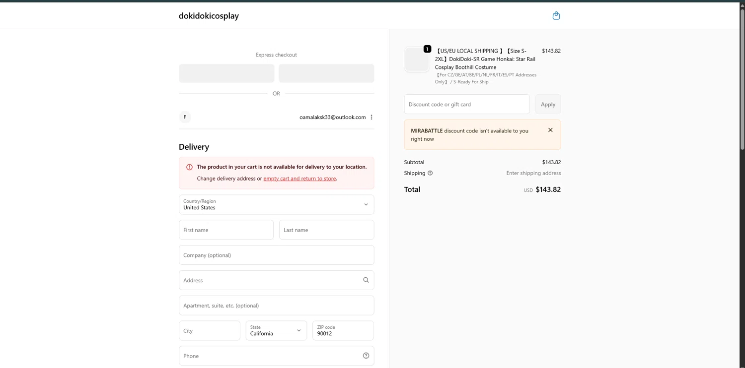 DokiDoki Cosplay discount code screenshot showing code MIRABATTLE applied at DokiDoki Cosplay checkout page. Uploaded by SimplyCodes community member VoucherRanger9105 on Jan 10, 2026