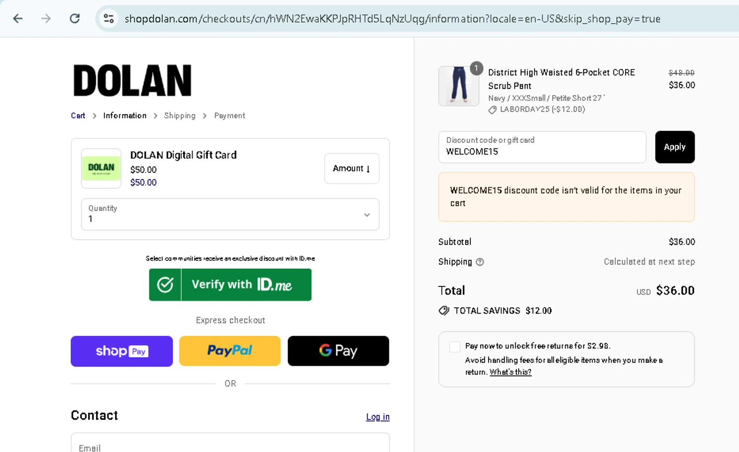 Dolan discount code screenshot showing code WELCOME15 applied at Dolan checkout page. Uploaded by SimplyCodes community member TokenMonarch796 on Aug 26, 2025