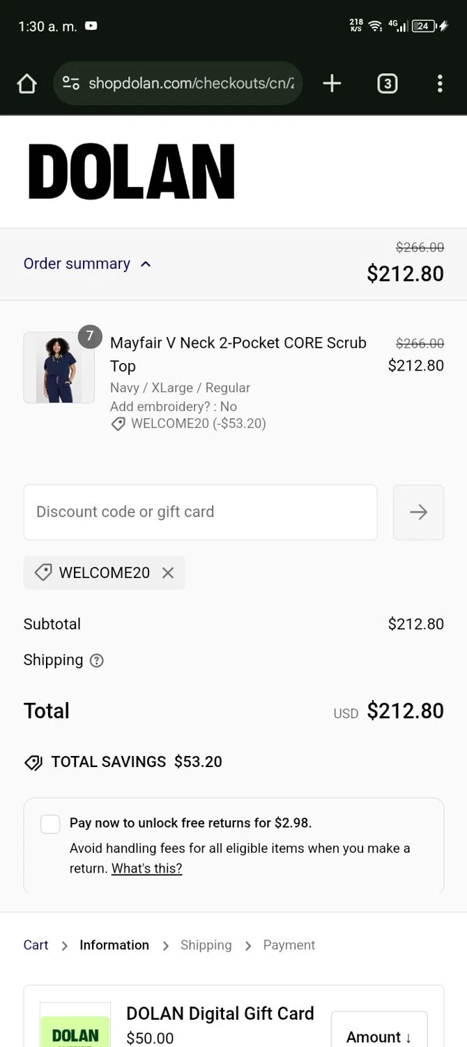 Dolan discount code screenshot showing code WELCOME20 applied at Dolan checkout page. Uploaded by SimplyCodes community member Elvis_Medina on Feb 26, 2025