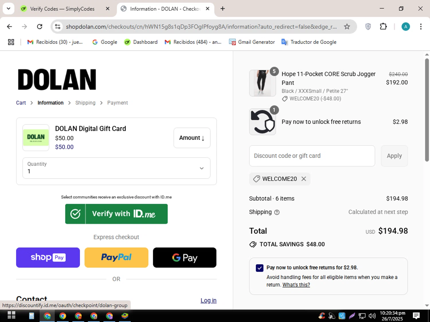 Dolan discount code screenshot showing code WELCOME20 applied at Dolan checkout page. Uploaded by SimplyCodes community member SavingsScout358 on Jul 27, 2025