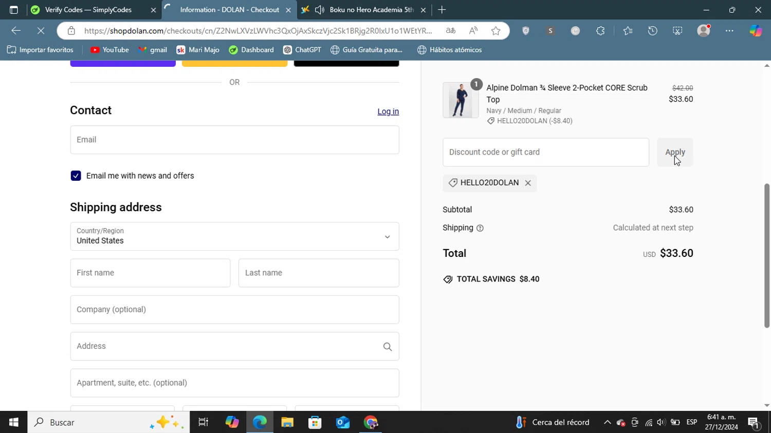 Dolan discount code screenshot showing code Hello20dolan applied at Dolan checkout page. Uploaded by SimplyCodes community member ShieldGenius127 on Dec 27, 2024