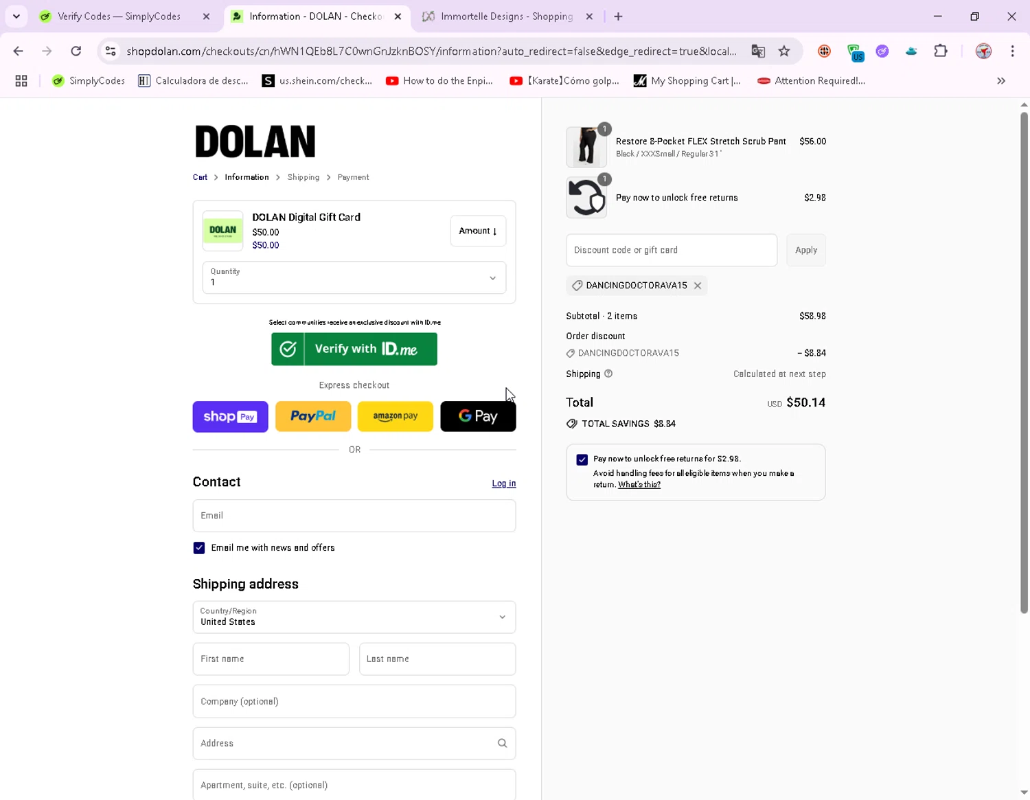 Dolan discount code screenshot showing code DANCINGDOCTORAVA15 applied at Dolan checkout page. Uploaded by SimplyCodes community member ElIntrepidoVolador on Aug 4, 2025