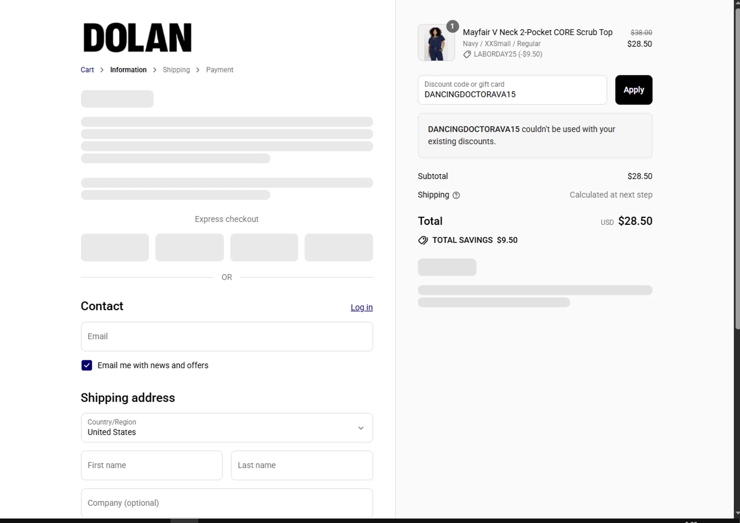 Dolan discount code screenshot showing code DANCINGDOCTORAVA15 applied at Dolan checkout page. Uploaded by SimplyCodes community member GoldPhoenix3793 on Aug 26, 2025