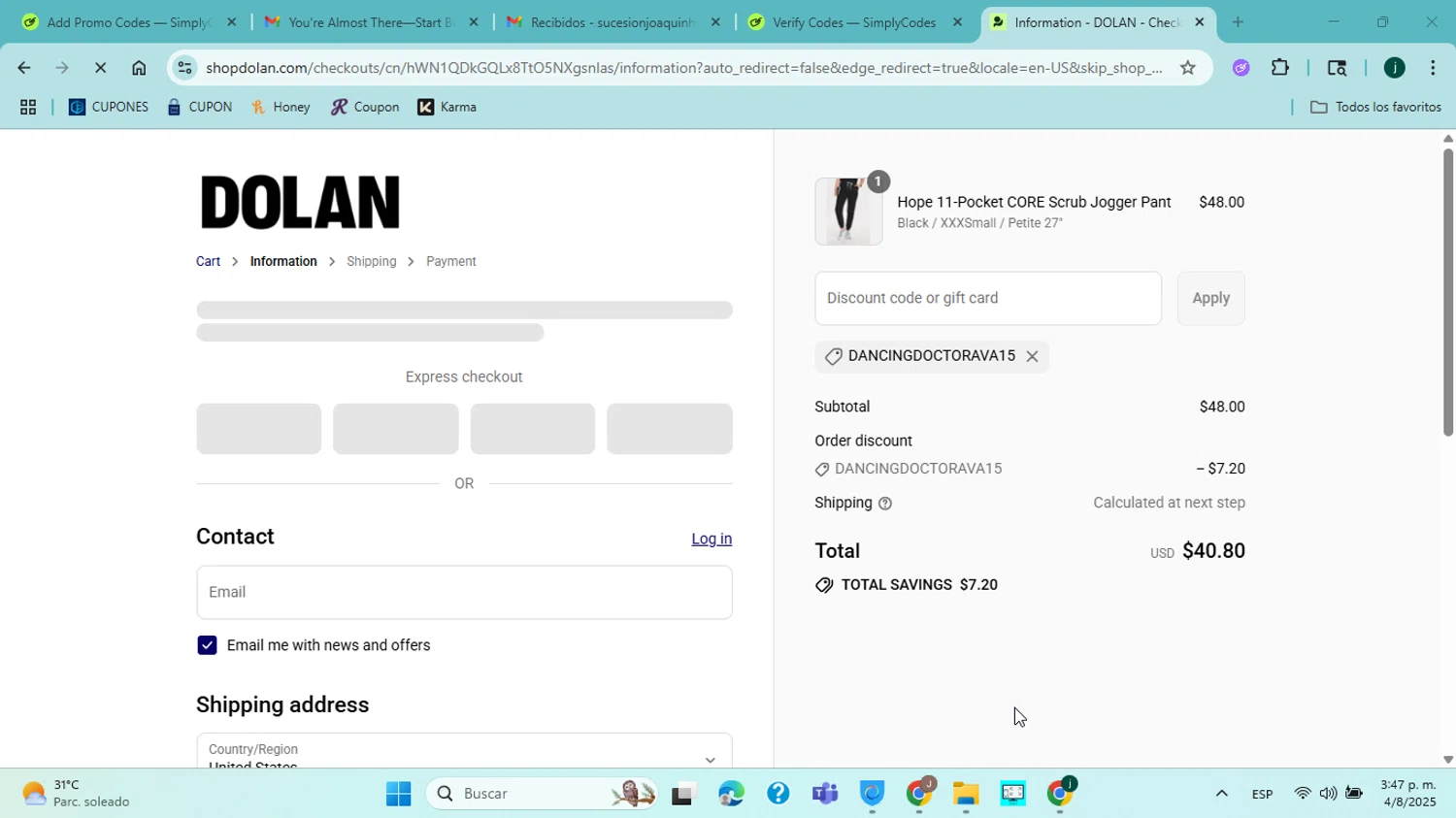 Dolan discount code screenshot showing code DANCINGDOCTORAVA15 applied at Dolan checkout page. Uploaded by SimplyCodes community member jorgejavierherrera on Aug 4, 2025