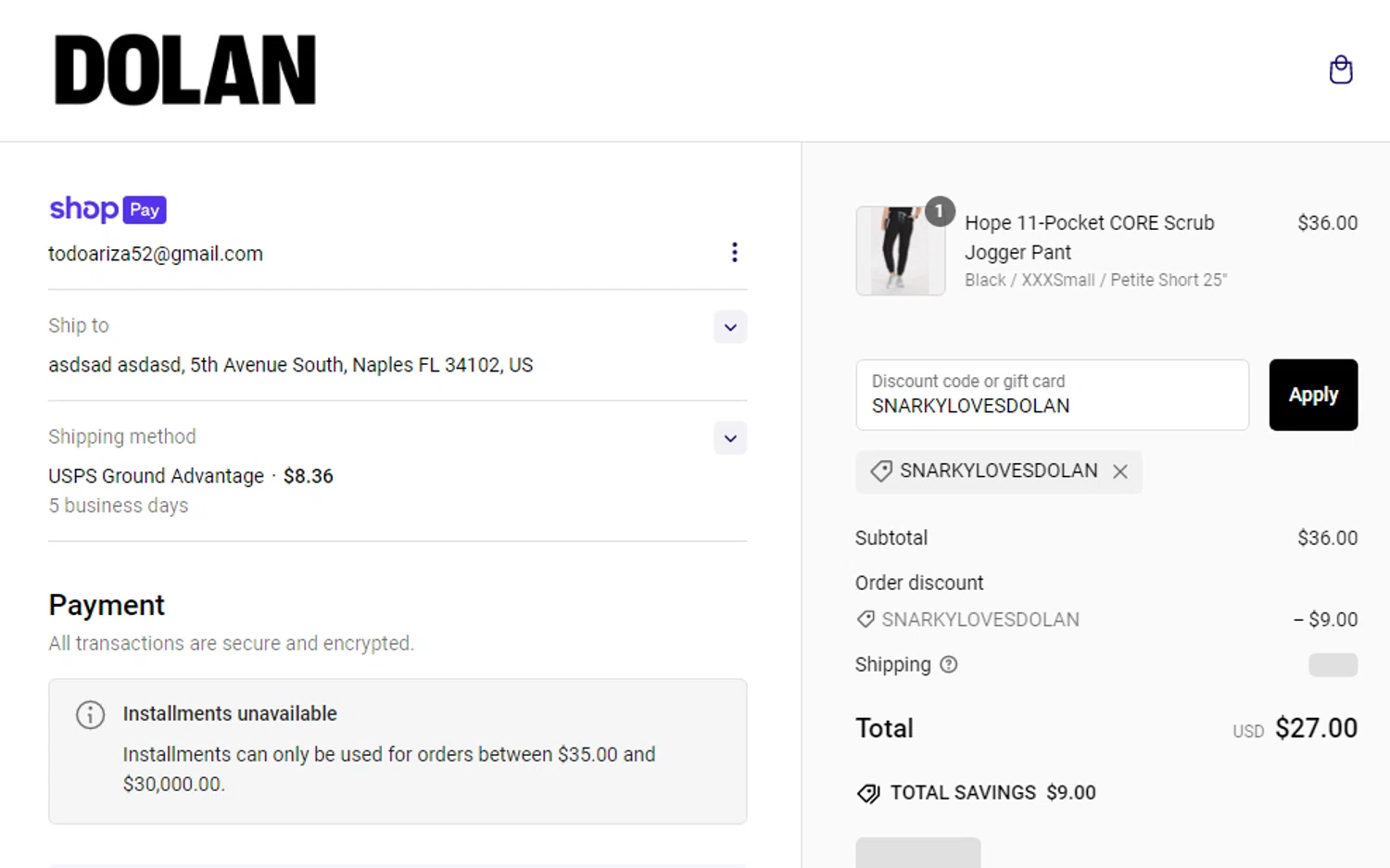 Dolan discount code screenshot showing code SNARKYLOVESDOLAN applied at Dolan checkout page. Uploaded by SimplyCodes community member Gabrielo2000 on Feb 26, 2025