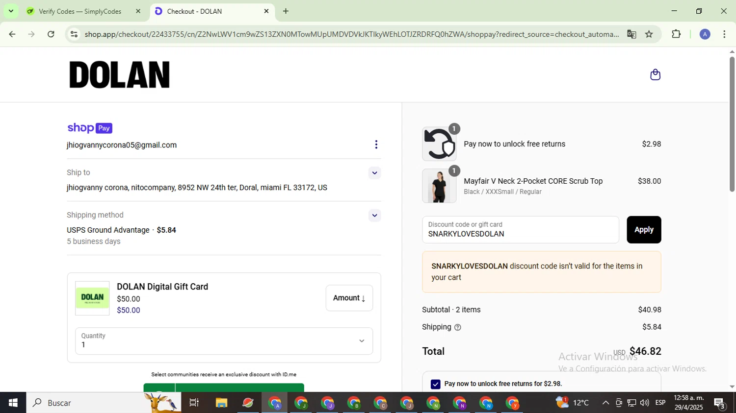 Dolan discount code screenshot showing code SNARKYLOVESDOLAN applied at Dolan checkout page. Uploaded by SimplyCodes community member TreasureCaptain5531 on Apr 29, 2025