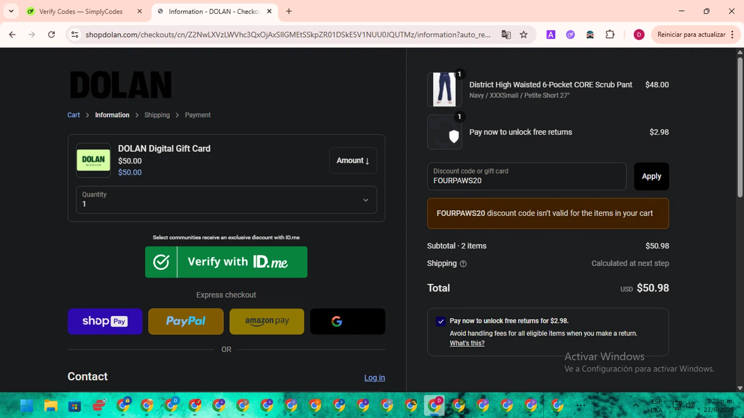 Dolan discount code screenshot showing code FOURPAWS20 applied at Dolan checkout page. Uploaded by SimplyCodes community member EpicSaver9948 on Jun 23, 2025