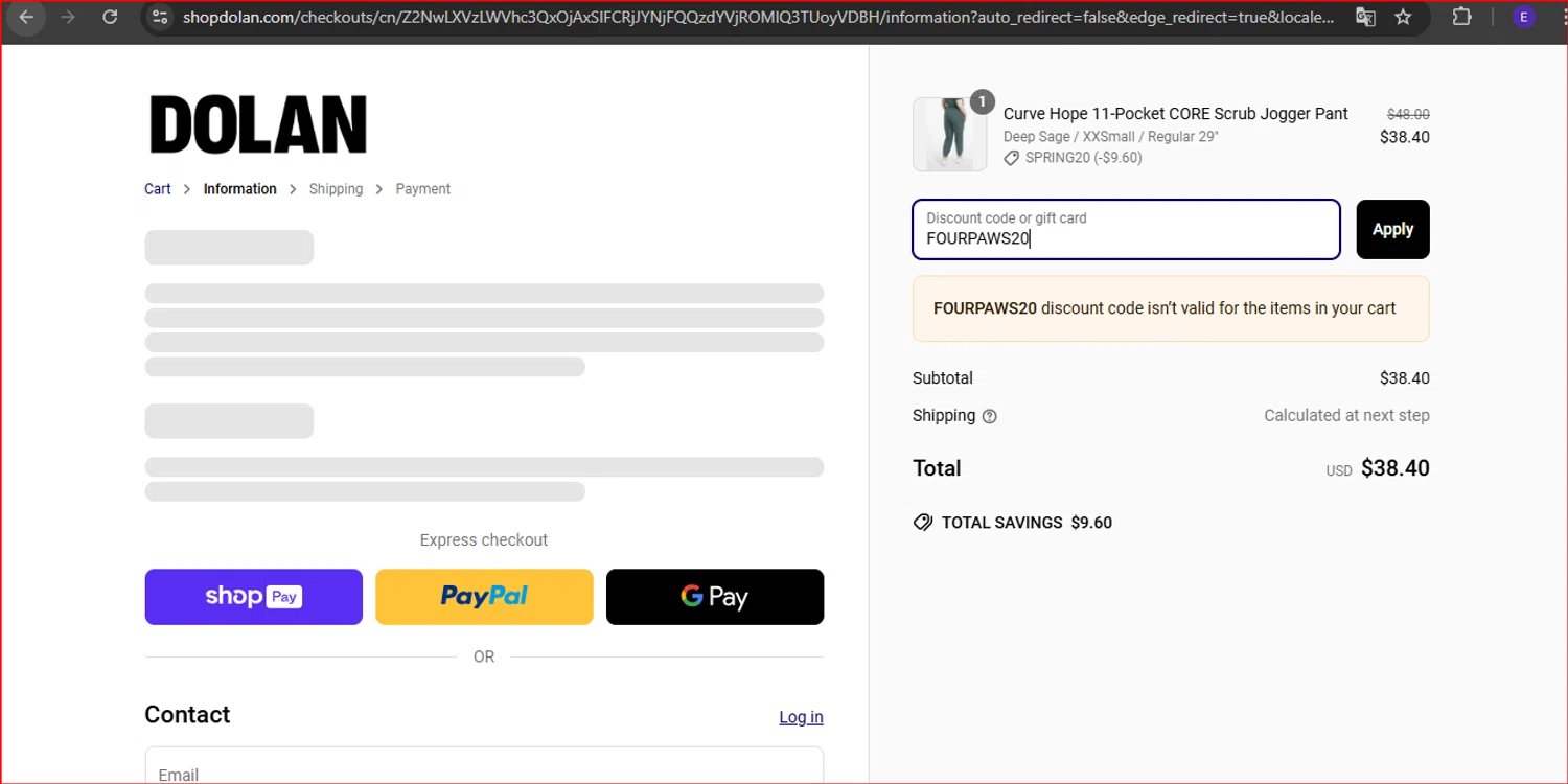 Dolan discount code screenshot showing code FOURPAWS20 applied at Dolan checkout page. Uploaded by SimplyCodes community member TokenNavigator8970 on Mar 27, 2025