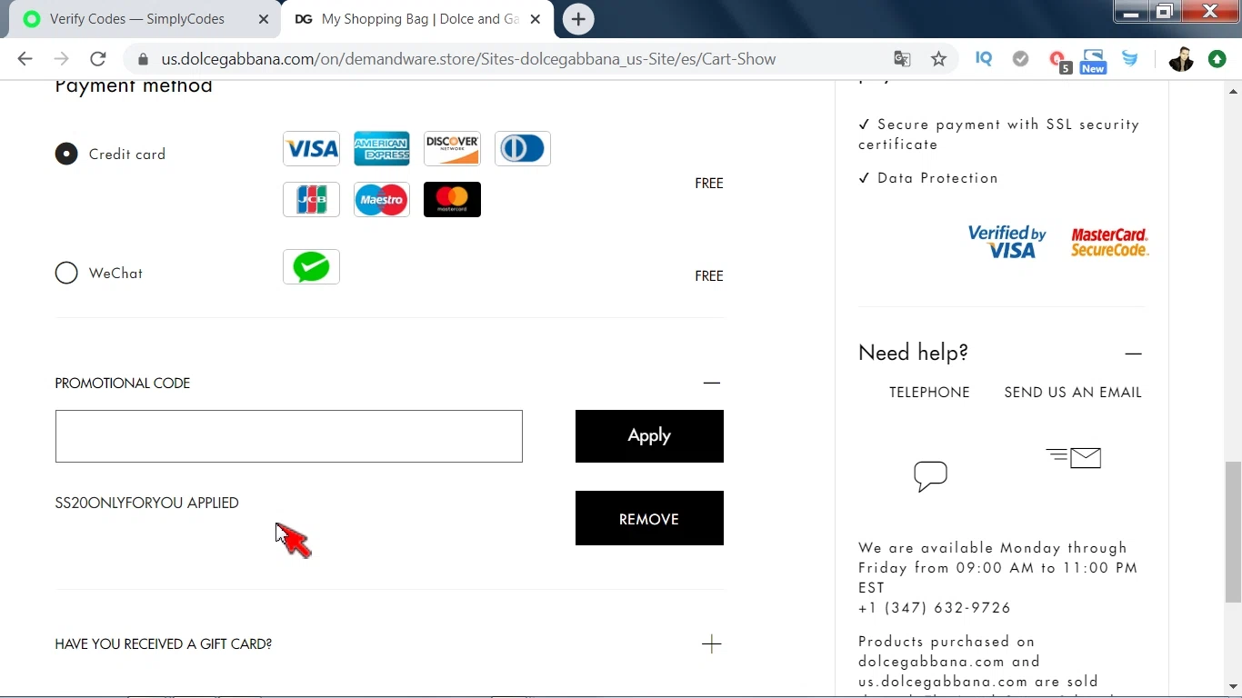 Dolce & Gabbana checkout page showing Dolce & Gabbana discount code box | Screenshot taken by SimplyCodes community member on Jun 27, 2020
