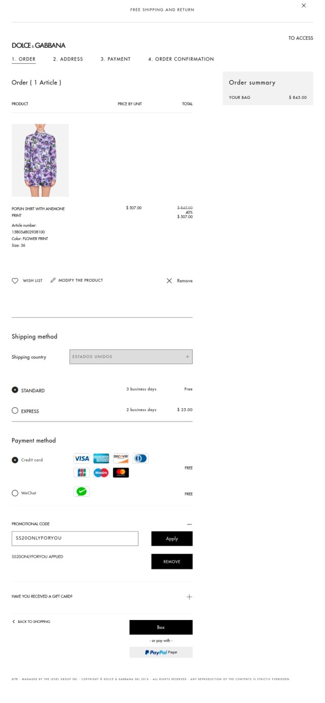Dolce & Gabbana checkout page showing Dolce & Gabbana discount code box | Screenshot taken by SimplyCodes community member on Aug 4, 2020