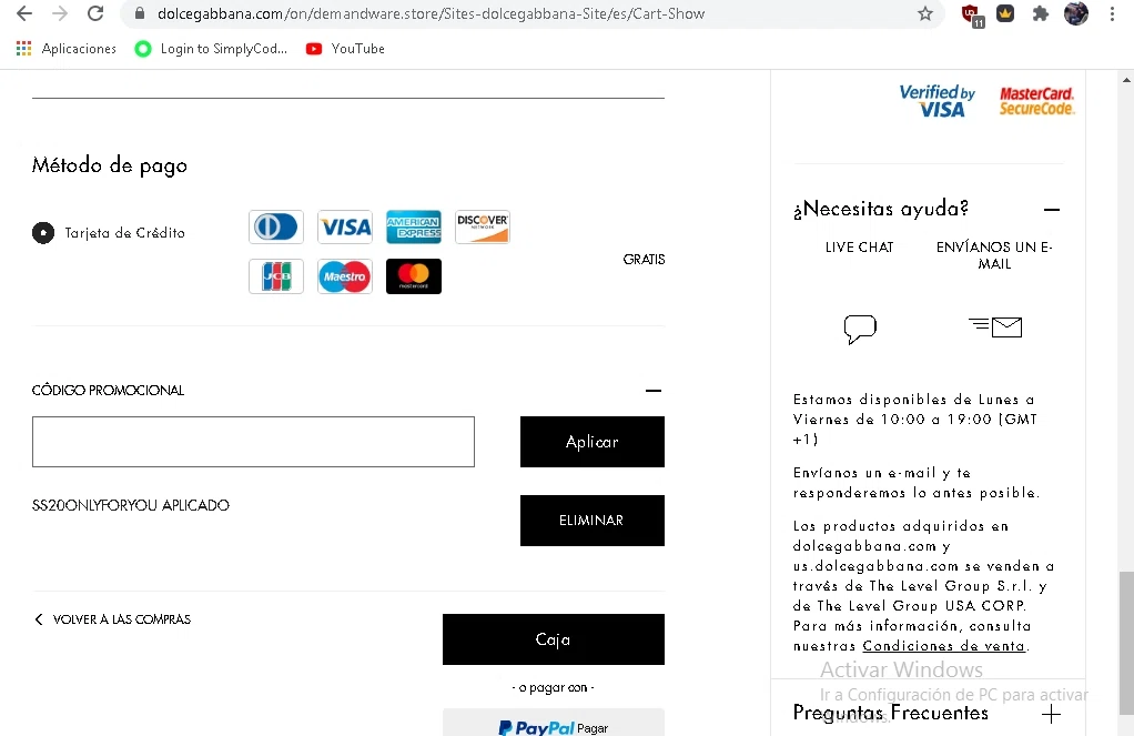 Dolce & Gabbana checkout page showing Dolce & Gabbana discount code box | Screenshot taken by SimplyCodes community member on Jul 11, 2020