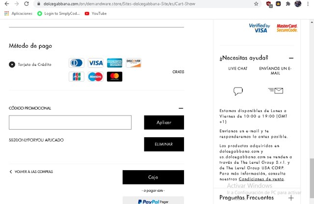 Dolce & Gabbana checkout page showing Dolce & Gabbana discount code box | Screenshot taken by SimplyCodes community member on Jul 11, 2020