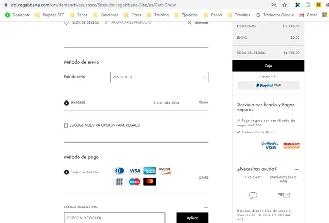 Dolce & Gabbana checkout page showing Dolce & Gabbana discount code box | Screenshot taken by SimplyCodes community member on Aug 4, 2020