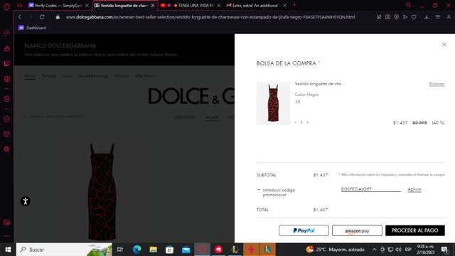 Dolce & Gabbana checkout page showing Dolce & Gabbana discount code box | Screenshot taken by SimplyCodes community member on Oct 2, 2023