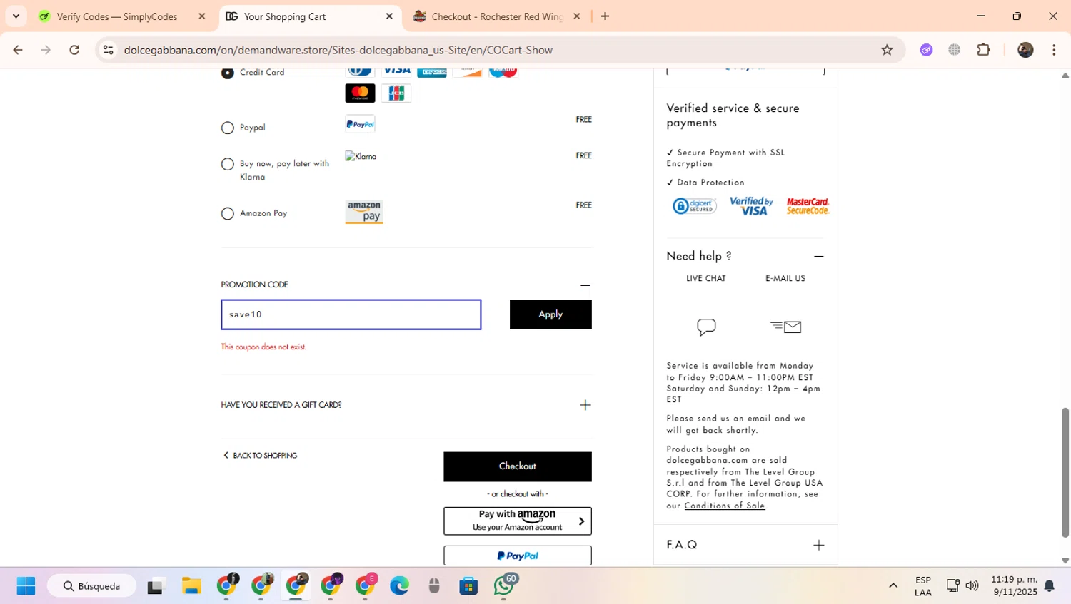 Dolce & Gabbana discount code screenshot showing code save10 applied at Dolce & Gabbana checkout page. Uploaded by SimplyCodes community member CoinScout855 on Nov 10, 2025