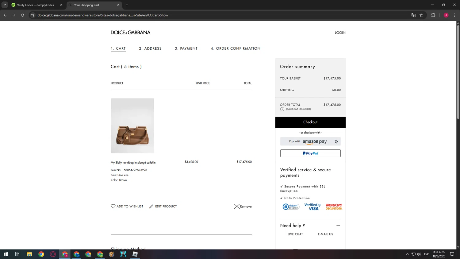 Dolce & Gabbana discount code screenshot showing code save10 applied at Dolce & Gabbana checkout page. Uploaded by SimplyCodes community member ShieldAce3282 on Aug 18, 2025