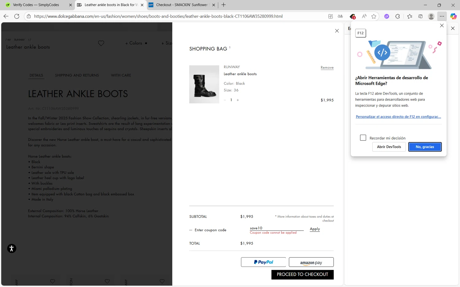 Dolce & Gabbana discount code screenshot showing code save10 applied at Dolce & Gabbana checkout page. Uploaded by SimplyCodes community member frijolito on Sep 18, 2025