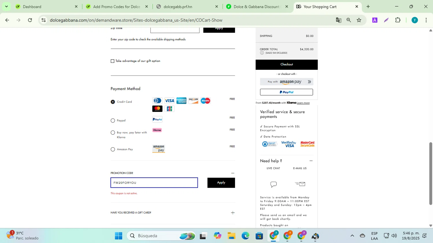 Dolce & Gabbana discount code screenshot showing code FW20FORYOU applied at Dolce & Gabbana checkout page. Uploaded by SimplyCodes community member yadiracg074 on Aug 19, 2025