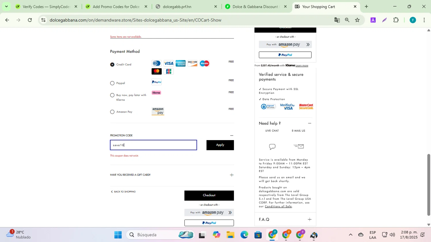Dolce & Gabbana discount code screenshot showing code save10 applied at Dolce & Gabbana checkout page. Uploaded by SimplyCodes community member yadiracg074 on Aug 17, 2025