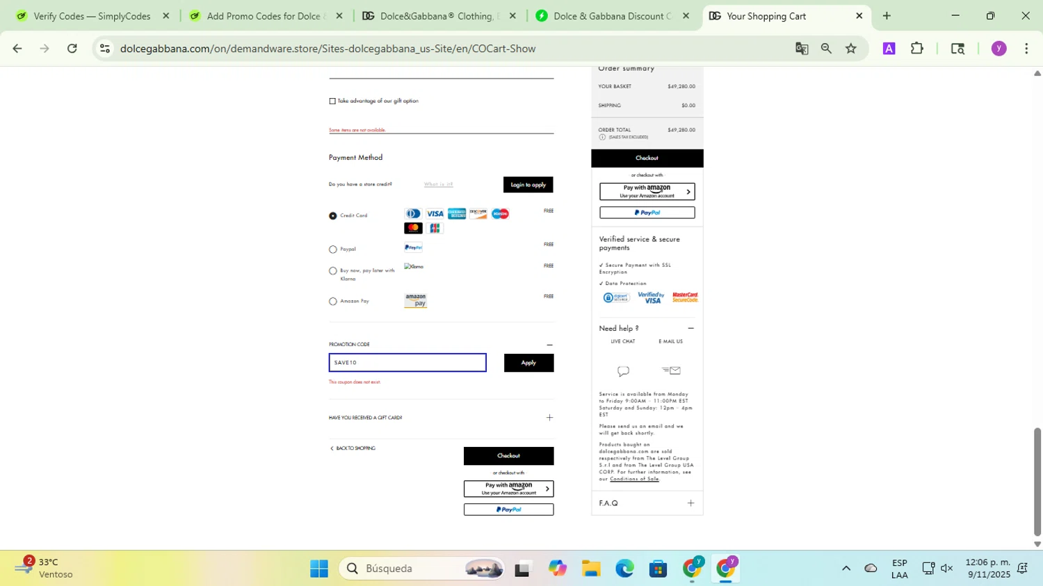 Dolce & Gabbana discount code screenshot showing code SAVE10 applied at Dolce & Gabbana checkout page. Uploaded by SimplyCodes community member yadicg054 on Nov 9, 2025