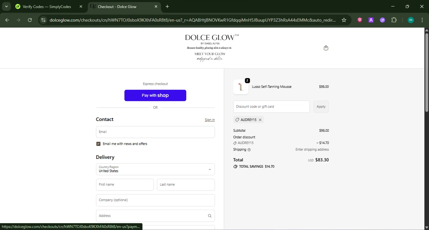 Dolce Glow coupon code screenshot showing code AUDREY15 applied at Dolce Glow checkout page. Uploaded by SimplyCodes community member CrownSpotter4262 on Jan 11, 2026
