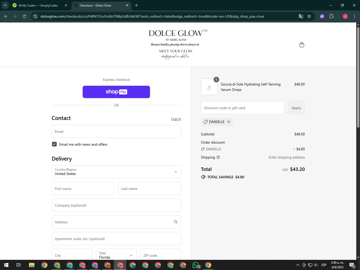 Dolce Glow coupon code screenshot showing code DANIELLE applied at Dolce Glow checkout page. Uploaded by SimplyCodes community member CleverShopper2101 on Aug 4, 2025