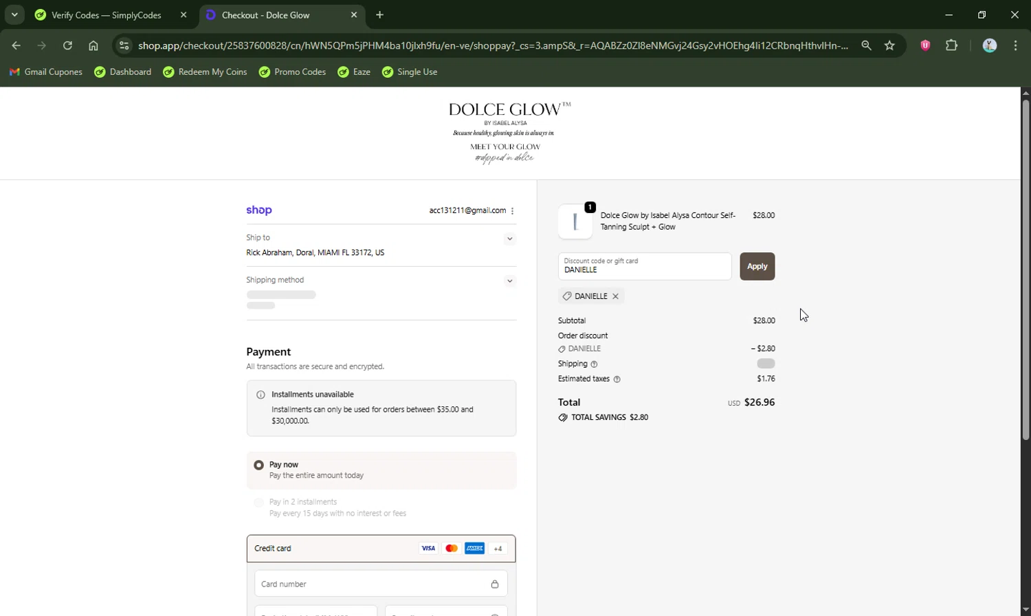 Dolce Glow coupon code screenshot showing code DANIELLE applied at Dolce Glow checkout page. Uploaded by SimplyCodes community member LHaunter2 on Nov 18, 2025