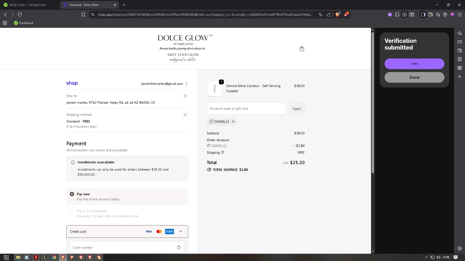 Dolce Glow coupon code screenshot showing code DANIELLE applied at Dolce Glow checkout page. Uploaded by SimplyCodes community member SilverTitan9597 on Dec 22, 2025