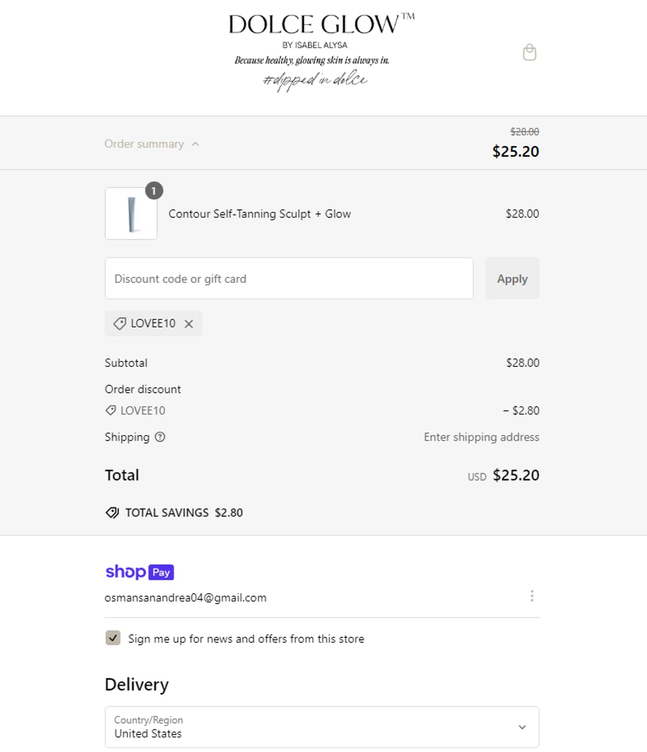 Dolce Glow coupon code screenshot showing code LOVEE10 applied at Dolce Glow checkout page. Uploaded by SimplyCodes community member elchino08 on Jan 6, 2025