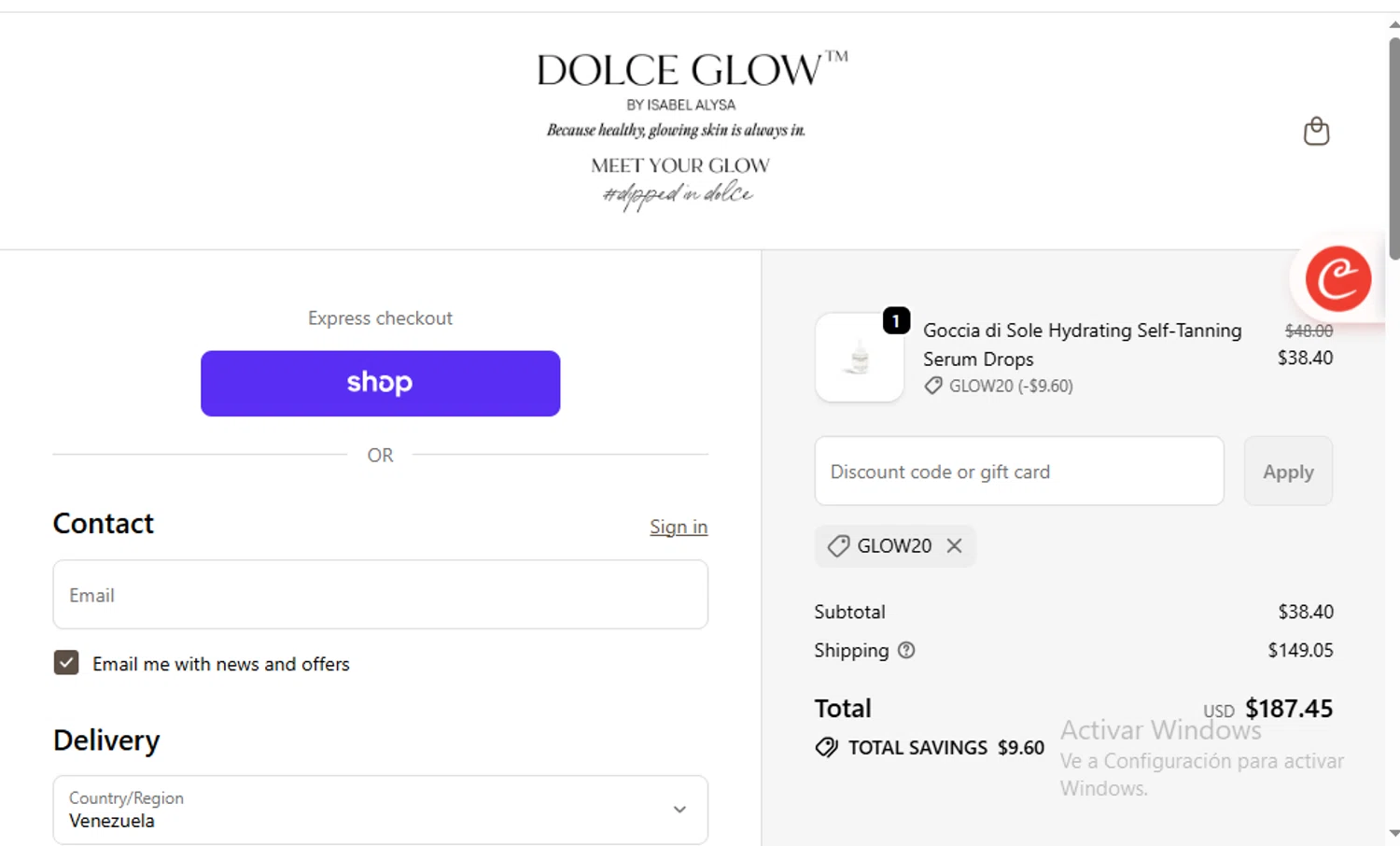 Dolce Glow coupon code screenshot showing code GLOW20 applied at Dolce Glow checkout page. Uploaded by SimplyCodes community member SaloMac on Oct 6, 2025