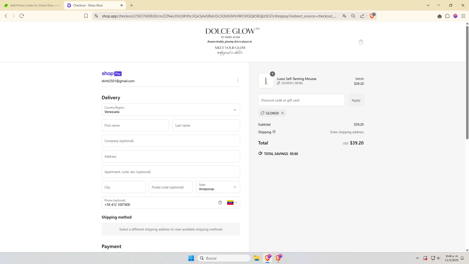 Dolce Glow coupon code screenshot showing code GLOW20 applied at Dolce Glow checkout page. Uploaded by SimplyCodes community member VictoriousDefender7352 on May 11, 2025