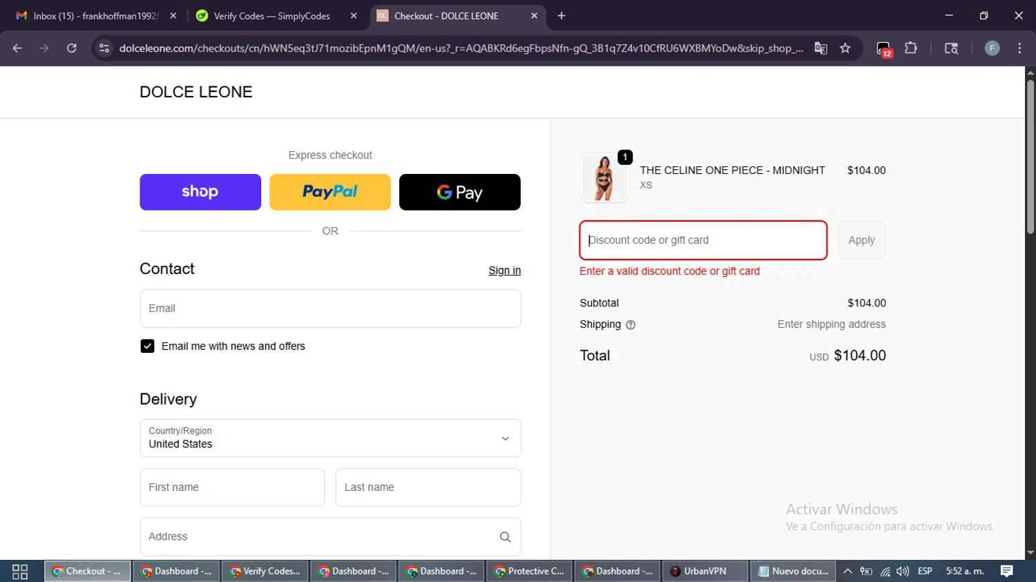 Dolce Leone promo code screenshot showing code WELCOME10 applied at Dolce Leone checkout page. Uploaded by SimplyCodes community member DiscountRanger4509 on Nov 24, 2025